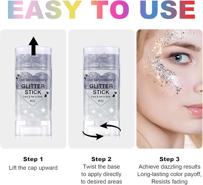 Silver Body Glitter Stick, Halloween Face Glitter Makeup,Holographic Hair Glitters Mermaid Makeup Rave Outfits for Women, Shimmer Face Paint Stick for Christmas (Silver)