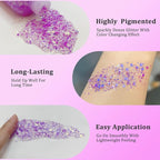 MEICOLY Chameleon Light Purple Hair Glitter,Chunky Face Body Glitter for Halloween,Color Changing Mermaid Face Glitter,Holographic Glitter Sequin for Face Body Hair,Festival Party Cheer Glitter Makeup