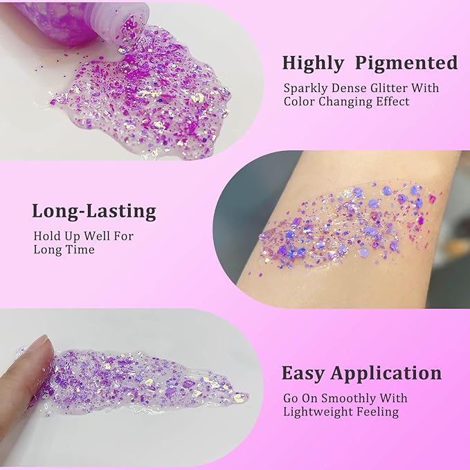 MEICOLY Chameleon Light Purple Hair Glitter,Chunky Face Body Glitter for Halloween,Color Changing Mermaid Face Glitter,Holographic Glitter Sequin for Face Body Hair,Festival Party Cheer Glitter Makeup