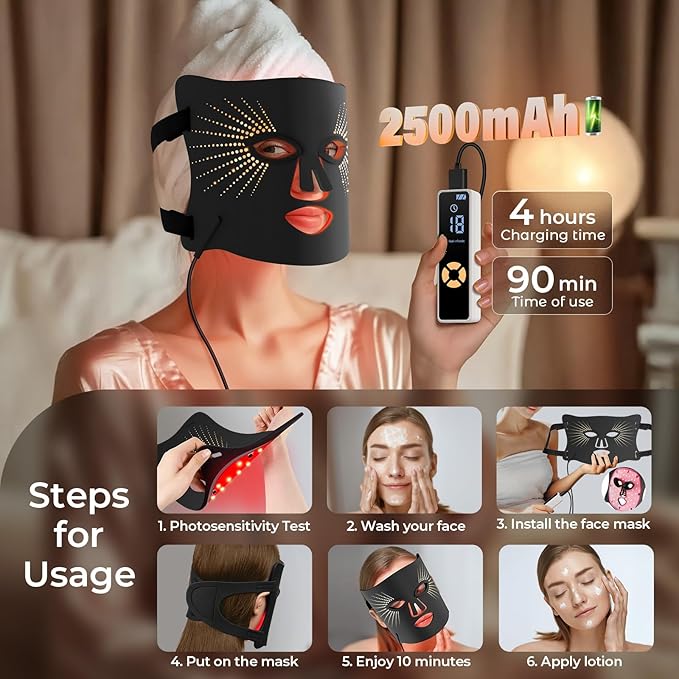 Red Light Therapy Mask for Face,USB C Rechargeable,Infrared Light Therapy Mask for Home Working Travel Yoga Sleep LED Silicone Mask