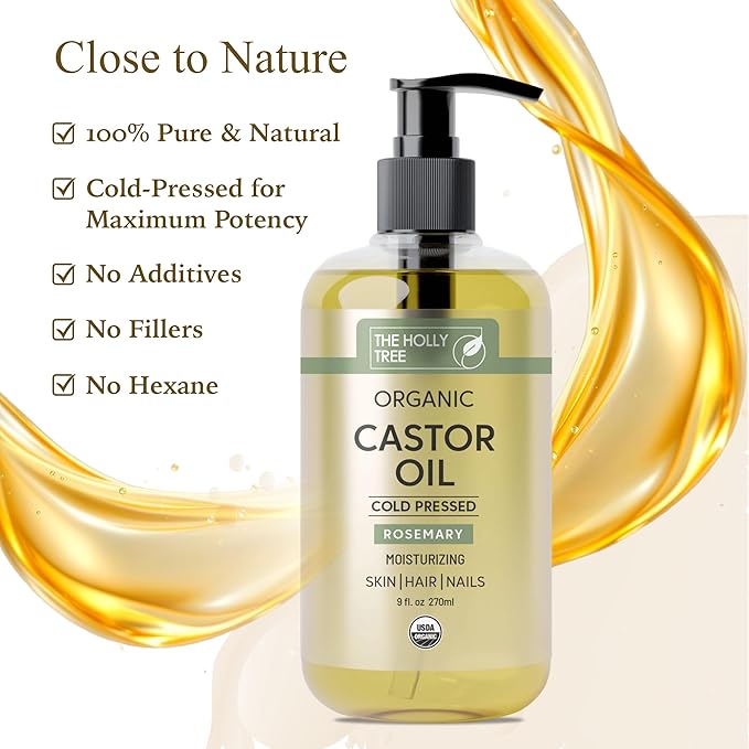 Organic Castor Oil 9 fl oz - Rosemary Infused Cold Pressed - 100% Pure & Hexane Free - Castor Oil for Hair Growth - Moisturizing & Nourishing for Face & Body - The Holly Tree