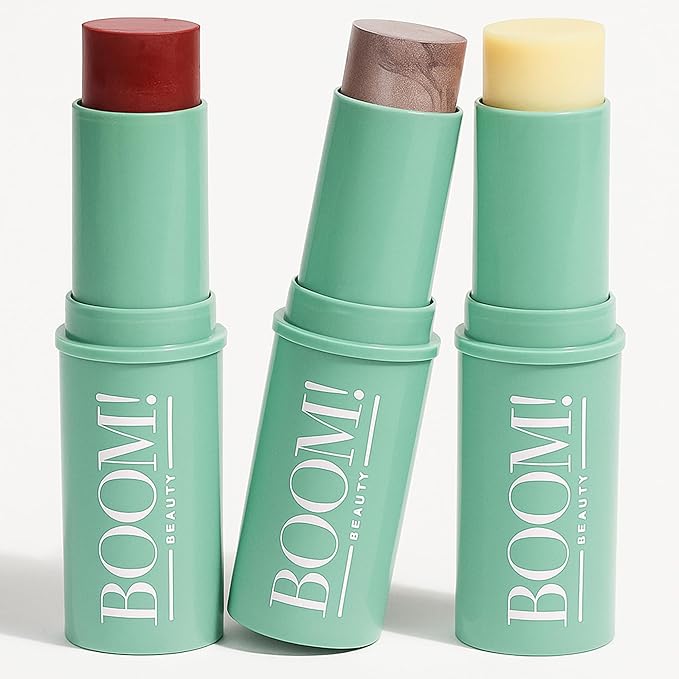 Boomstick Trio ® Color 3 Pack Cream Blush Makeup, Color Blush Stick, Highlighter Stick & Moisturizer for Cheeks, Eyes & Lips, Blendable Vegan Boom Sticks by Cindy Joseph for Older Women, BOOM Beauty