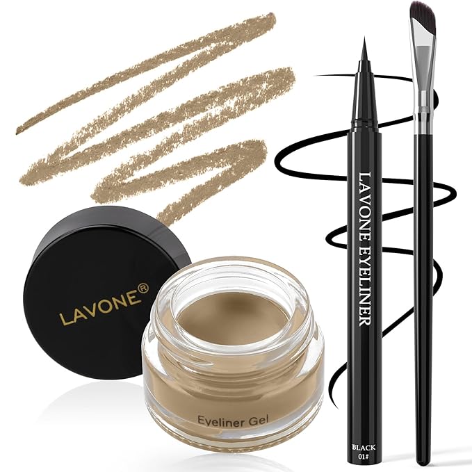 LAVONE Eyeliner Set - Waterproof Makeup Kit with Liquid Eye Liner Pencil, Gel Eyeliner and Angled Eye Liner Brush, Waterproof, Smudge Resistant, Long Lasting Formula - Dark Blonde