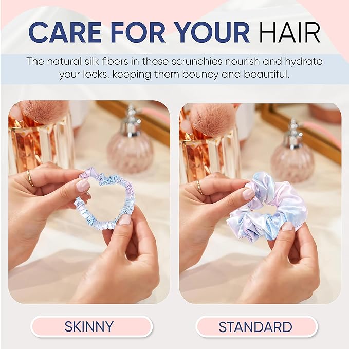 Blissy Silk Scrunchies (3 Pack) - 100% Pure Mulberry Silk - 22 Momme 6A High-Grade Fibers Scrunchie for Straight & Curly Hair - Preventing Breakage, Tangling, & Creasing (Tie Dye Skinny)