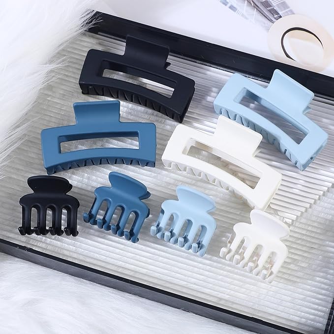 Medium Hair Clips for Women 8 Pcs Small Claw Clips for Thin and Thick Hair 2 Styles Hair Claw Clips Combination Rectangle Banana Jaw Hair Accessories for Women and Girls (Blue)
