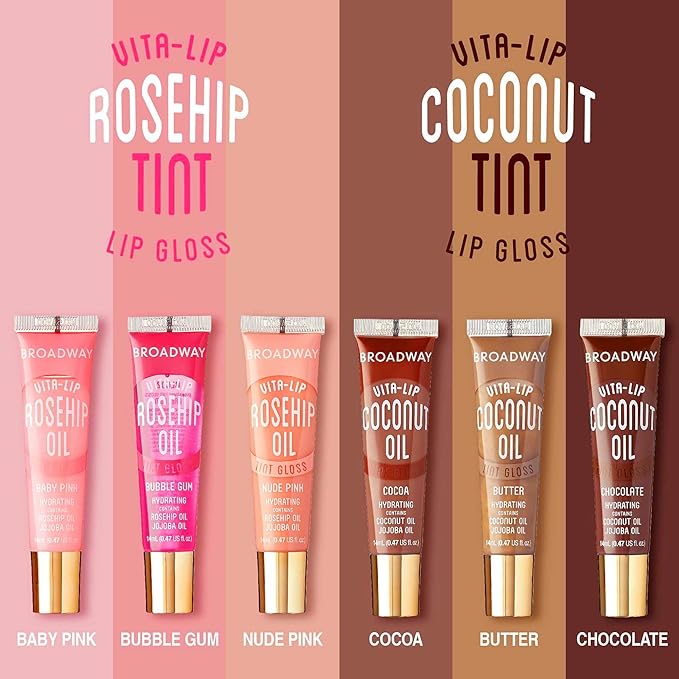 Ruby Kisses Broadway Vita-Lip Tinted Lip Gloss (9 Pack) Ultra-Hydrating, Nourishing, Soothing Formula with Vitamins, High-Shine Non-Sticky Lip Balm with Rosehip+Coconut Oil, Pink, Red & Brown Shades