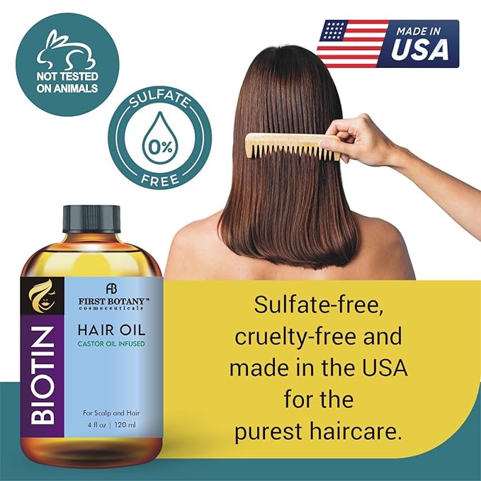 First Botany Biotin Castor Oil Encourages Hair Growth, Scalp & Hair Strengthening Serum, Nourishing Treatment for Split Ends, Dry Scalp, Safe for All Hair Types, 4 fl oz