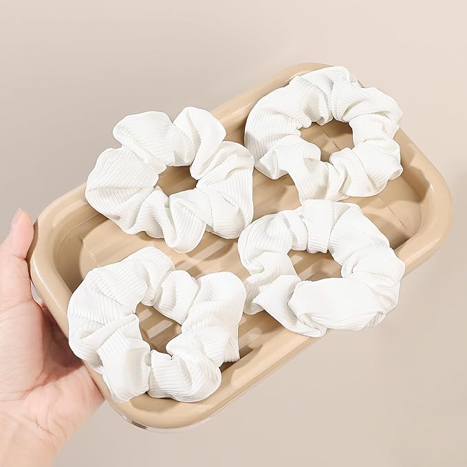 Soft Scrunchies for Women - No Crease, No Damage Hair Ties for Thick or Thin Hair in White - Ponytail Holders, 5-Pack