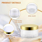24 Pack 4 Oz Plastic Containers with Gold Lids, Clear Empty BPA Free and Refillable Cosmetic Jars Travel Containers for Creams, Lotion, Bath Salts, Sugar Scrub, Slime, Lip Scrub, Makeup