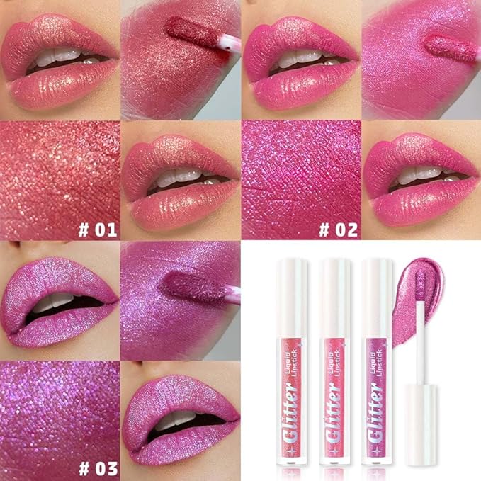 AMY'S DIARY 3Pcs Glitter Liquid Lipstick Set – Rose Gold, Hot Pink, Iridescent Lilac – Shimmer Metallic Lip Gloss, Long-Lasting Waterproof Lip Color, High Shine Sparkle Makeup for Women(SetA)