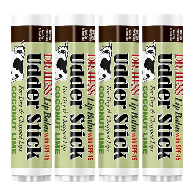 Dr. Hess Original Udder Stick SPF Lip Balm, Soothing Moisturizer Sun Screen Balm for Dry Lips with Jojoba, Beeswax & Shea Butter, Total Lip Care, Hydration & Repair, Coconut-Lime Flavor, 4 Pack