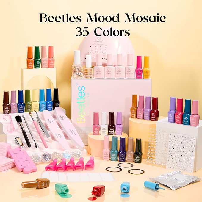 Beetles Gel Nail Polish Kit with U V Light - One Color One Bottle 35 Colors Mood Mosaic Collection Nail Polish Kit 68 Pcs Gifts for Women Girls with Top Base Coat Beauty Must Have DIY Salon Set