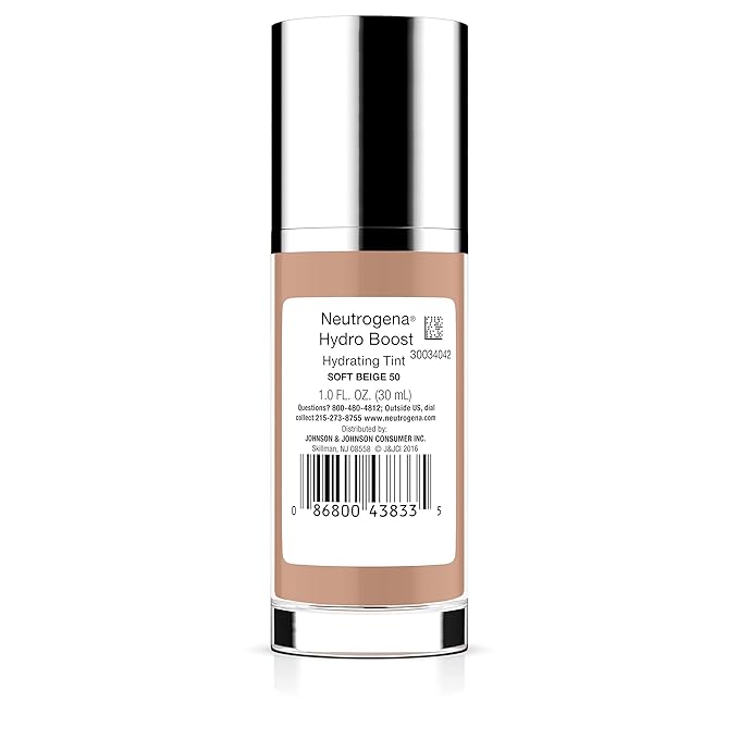 Neutrogena Hydro Boost Hydrating Tint Foundation Makeup for Dry Skin, with Hyaluronic Acid, Lightweight Oil-Free Water Gel, Non-Comedogenic, 50 Soft Beige, 1.0 fl. oz