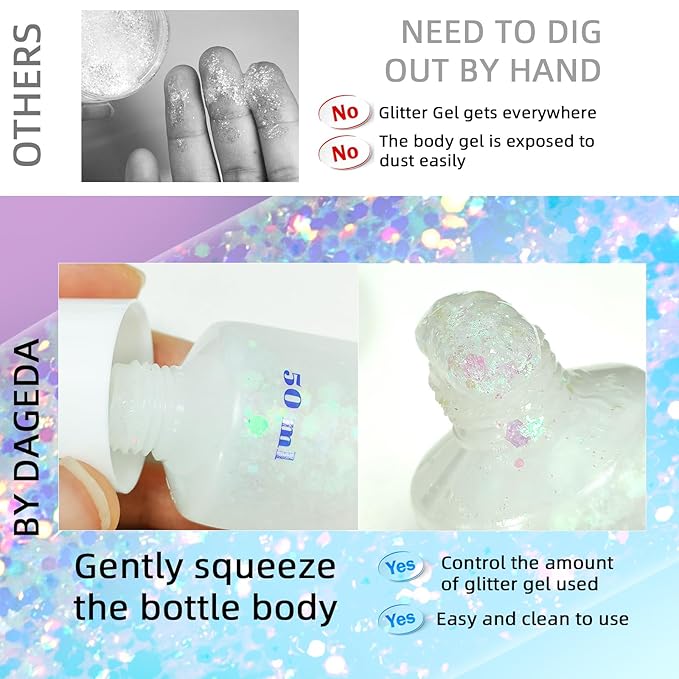 DAGEDA Body Glitter Gel, Face Glitter Body Gel Sequins Shimmer Liquid Eyeshadow, Chunky Glitter for Face Hair Nails, Holographic Cosmetic Laser Powder Festival Glitter Makeup 50ml(White)