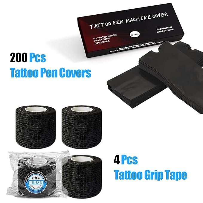 204Pcs Tattoo Pen Covers & Grip Wrap - Black, 200 Covers & 4pcs Grip Tape, Tattoo Machine Parts, Adult