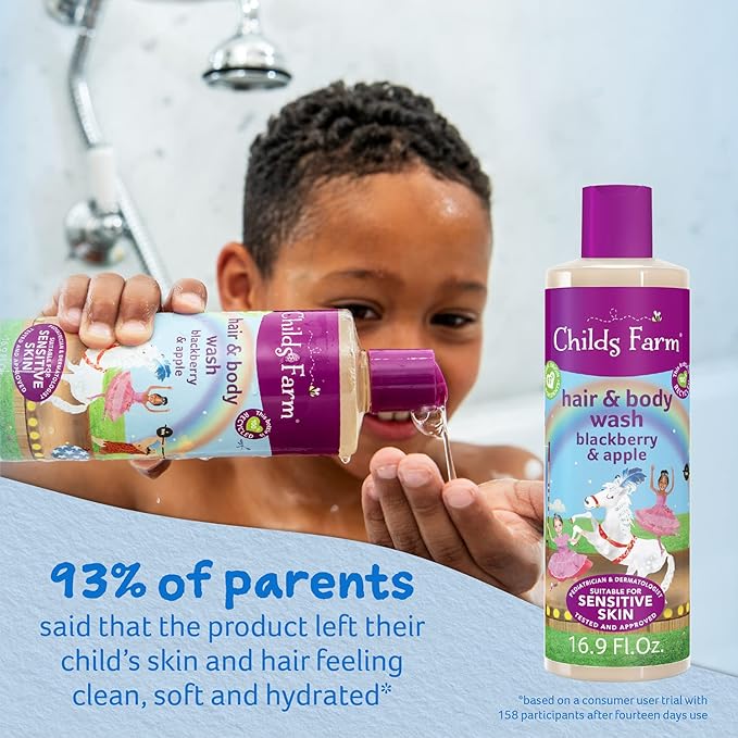 Childs Farm, Kids Hair & Body Wash for Dry, Sensitive Skin, Blackberry & Organic Apple, Gently Cleanses, Vegan, Cruelty-Free, 16.9 fl oz