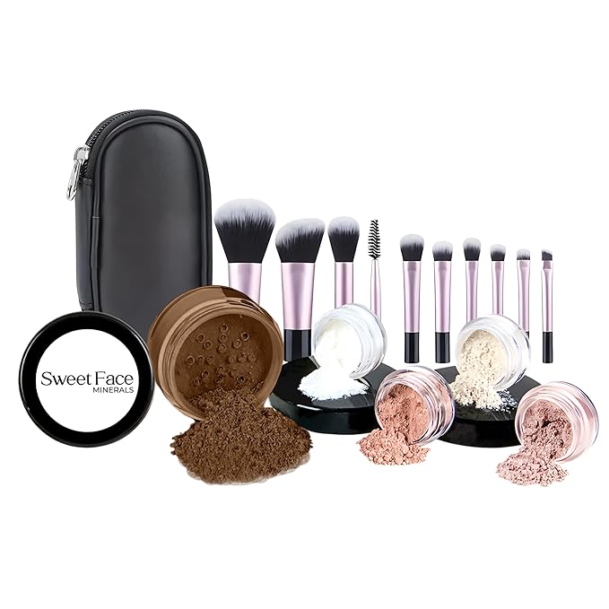 16pc Beginner Mineral Makeup STARTER KIT with 10 BRUSH SET (5gm)Sample Size Foundation, Primer, Blush, Bronzer, Setting Powder for Learning, Occasional Use & First Time Users, Travel Size Kit (Ebony)