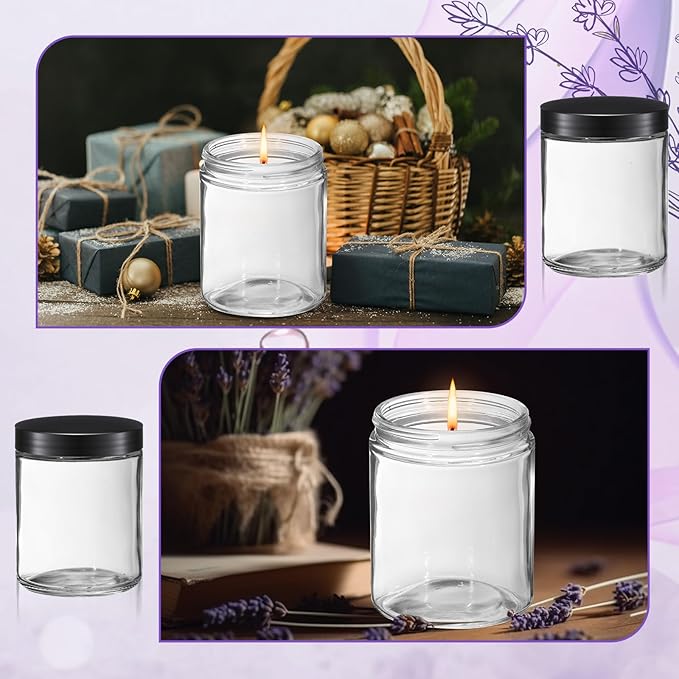 24 Pcs 8 oz Glass Jars with Lids, Clear Candle Jars with Black Lids Round Empty Candles Container Tins for Candle Making Storing Lotions Spice Powder Liquid Sample Makeup (Clear)