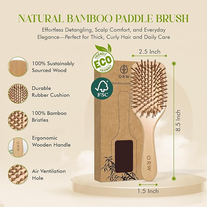 ORW OREN'S Bamboo Hair Brush for Hair Growth - Bamboo Bristle Detangler Paddle Brush, Scalp Stimulation – Natural, Sustainable Hair Care for Women, Men & Kids - Narrow