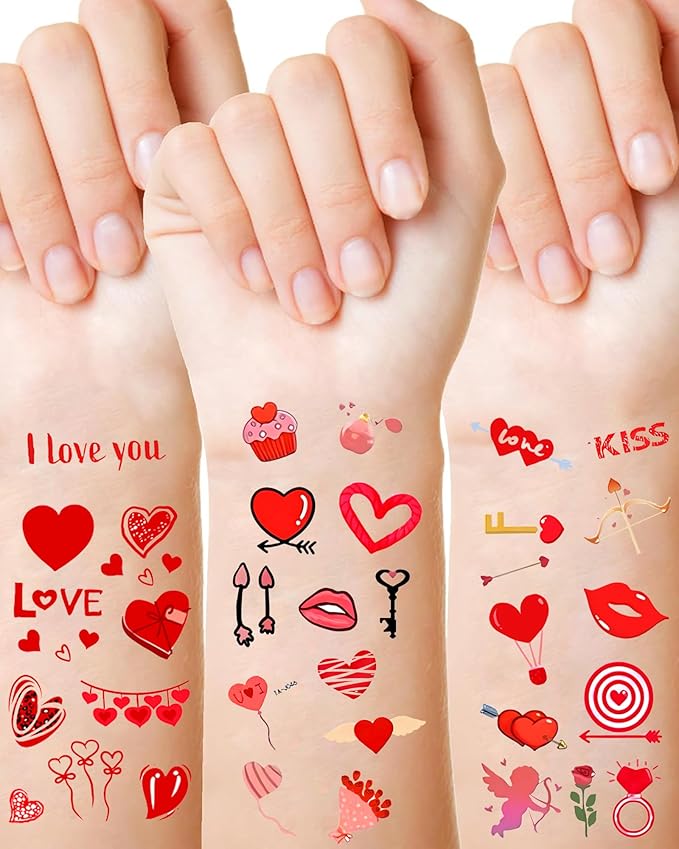 Temporary Tattoos for Kids, 12 Sheets Love Heart Confession Decorations for Classroom Girls Boys School Class Bday, 113pcs Pattern for Festivals and Parties (Red - Love)