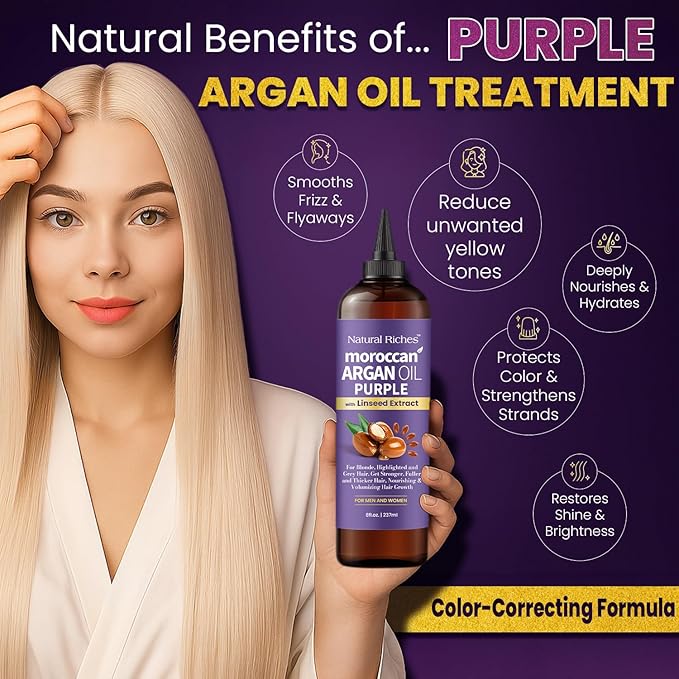 Natural Riches Purple Moroccan Argan Oil for Hair with Linseed Extract, Anti-Brass Formula for Blonde, Silver, Platinum & Grey Hair Neutralize Yellow Tone, Smooths Frizz & Restore Shine 8 fl oz