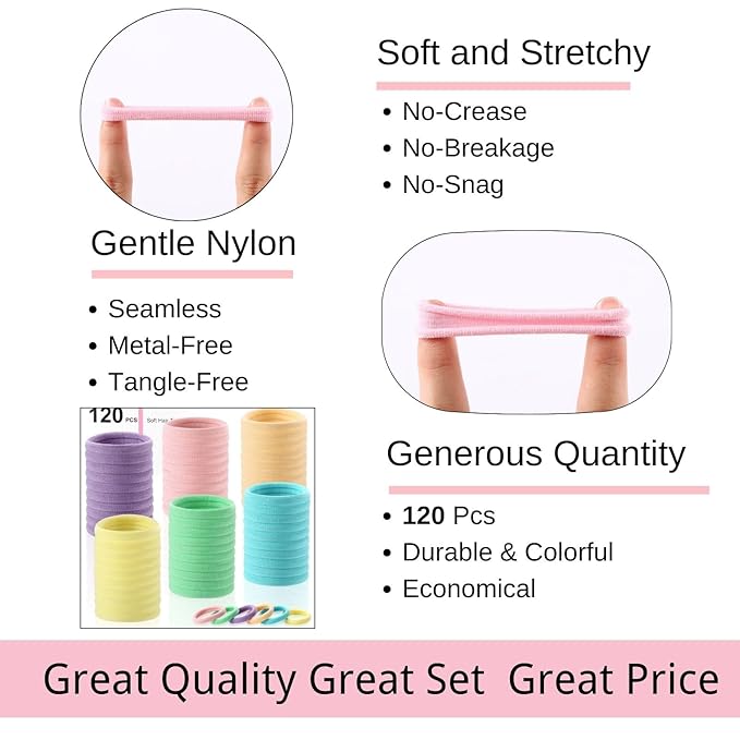 LuSeren 120 Pcs No Damage Thick Hair Ties, Large Soft Seamless Nylon Cloth Hair Elastics for Women, Light Color