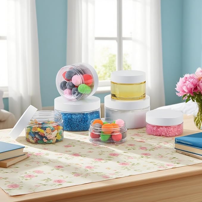 24 Pack 8 Oz Plastic Containers with White Lids, Clear Empty BPA Free and Refillable Cosmetic Jars Travel Containers for Creams, Lotion, Bath Salts, Sugar Scrub, Slime, Lip Scrub, Makeup