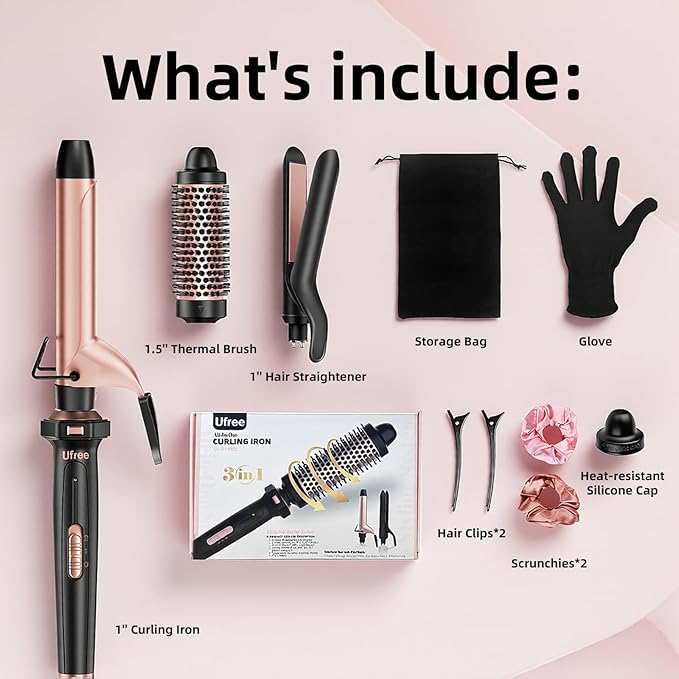 Ufree 3 in 1 Curling Iron, Curling Wand Set with Thermal Brush Flat Iron Hair Straightener, Dual Voltage Wand Curler, Instant Heat Up Hair Curler, Include Protective Glove 2 Clips, Gifts for Women