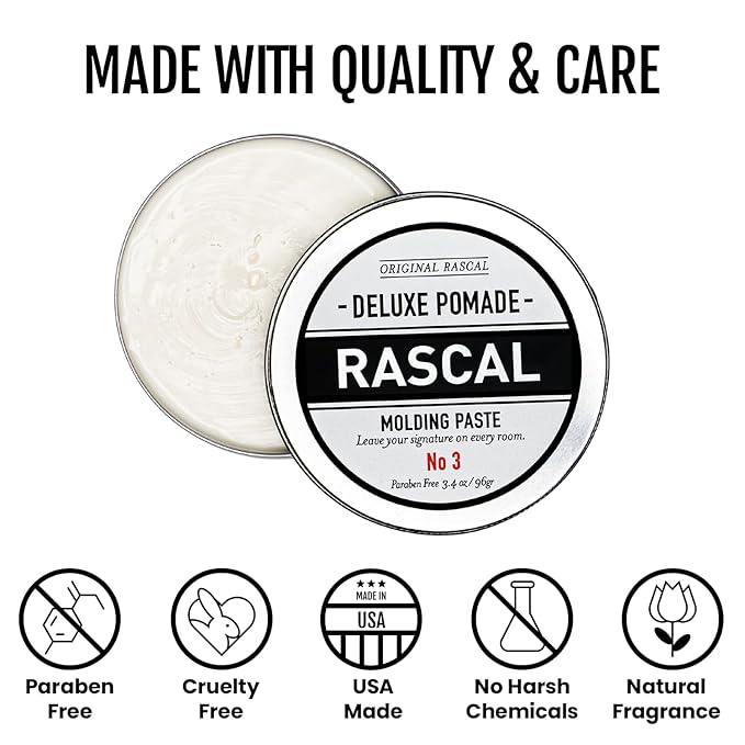 Original Rascal Deluxe Pomade for Men #3 - Matte Molding Hair Paste with Medium Hold & High Shine - Men's Styling Care Solution Product for All Hair Types - Natural Infused with Beeswax & Mineral Oil