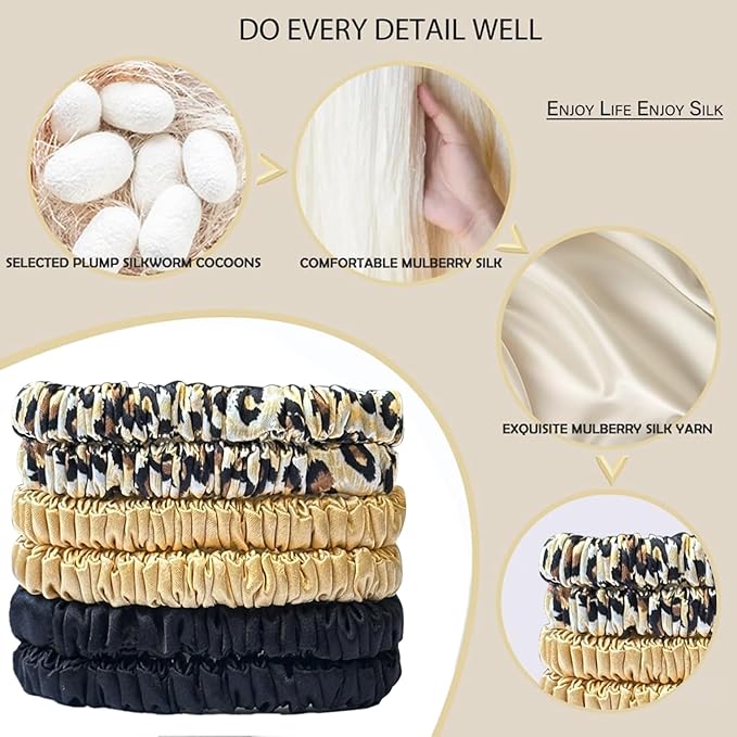 Suncdelv Silk,100% Silk Scrunchies for Hair,22 Momme Hair Ties for Anti-Crease & Breakage,Natural Women Hair Accessories，Fashion Hairbands 6PCS(Black, Gold,Leopard)