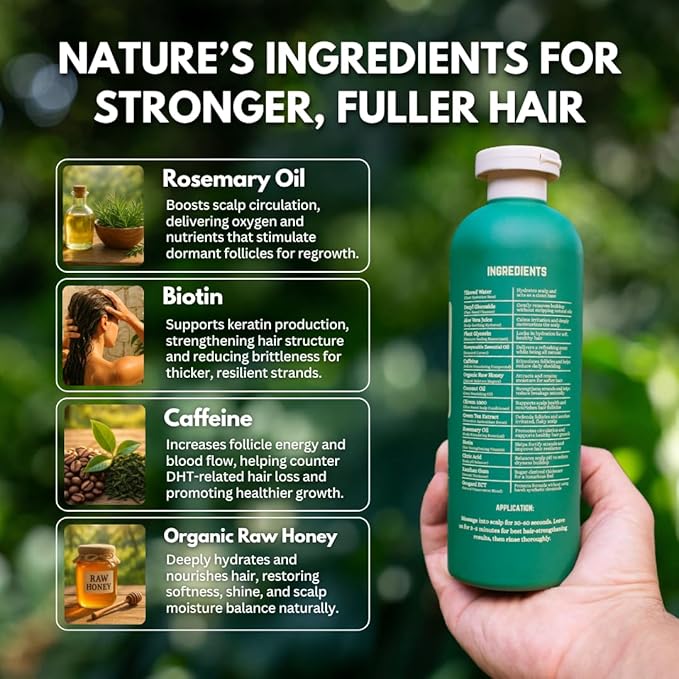 PRIMALS Hair Strengthening Shampoo - Caffiene, Biotin, Raw Honey, Rosemary Oil - Anti Hair Thinning - Natural Ingredients - Zero Artificial Fragrances, Sulfates, Parabens, or Dyes - 13.5 Fl Oz