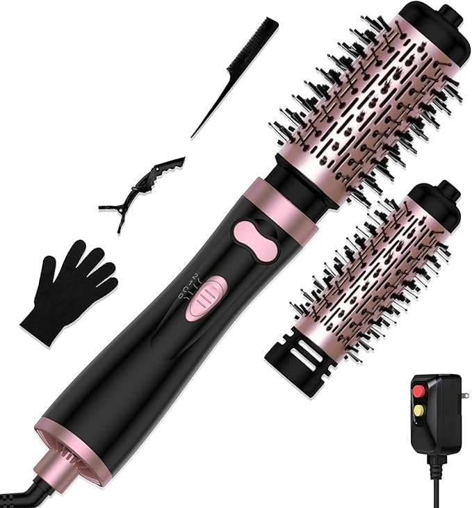 3 in 1 Rotating Hair Dryer Brush, Auto Rotating Blow Dryer Brush Spinning with 2 Brushes (2" & 1.5"), Negative Ionic Brush Blow Dryer, Round Brush Blow Dryer Volumize Curling 100-120V