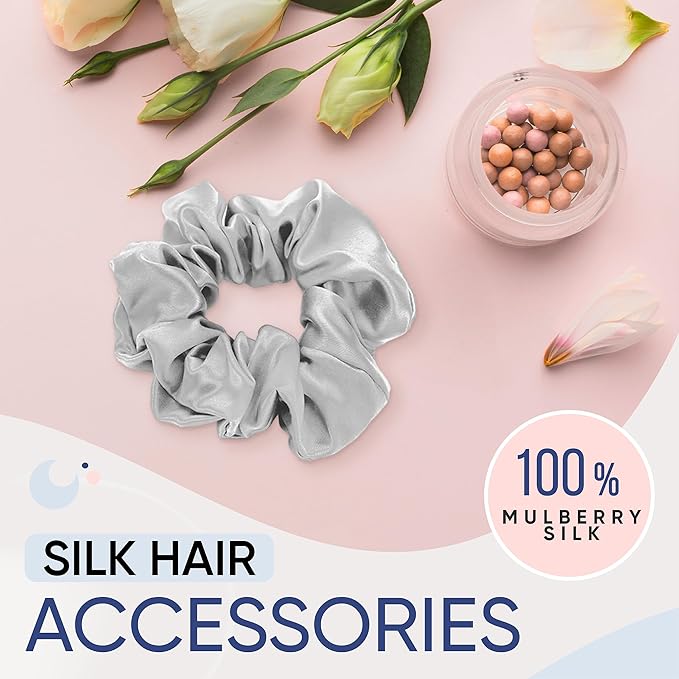 Blissy Silk Scrunchies (3 Pack) - 100% Pure Mulberry Silk - 22 Momme 6A High-Grade Fibers Scrunchie for Straight & Curly Hair - Preventing Breakage, Tangling, & Creasing (Silver Skinny)