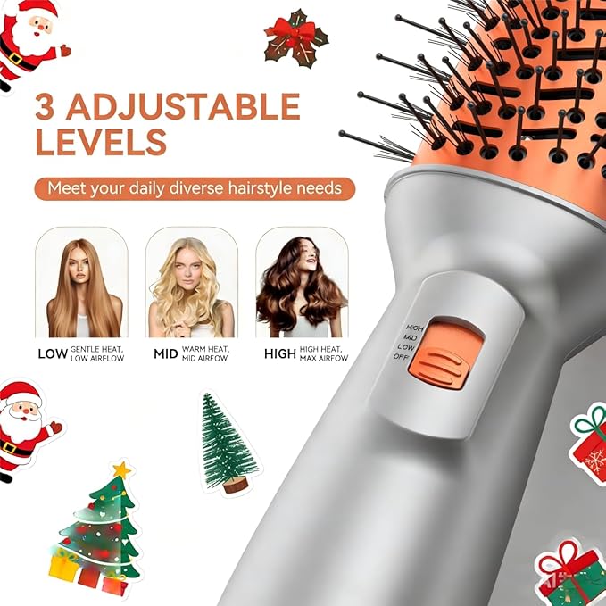 Travel Hair Dryer Brush, Double Voltage 100–240V 4-in-1 Hot Air Brush with 3 Heat & 2 Speed Settings for Drying, Straightening, Curling & Volumizing, Mini Ionic Thermal Blow Dryer Brush for Women