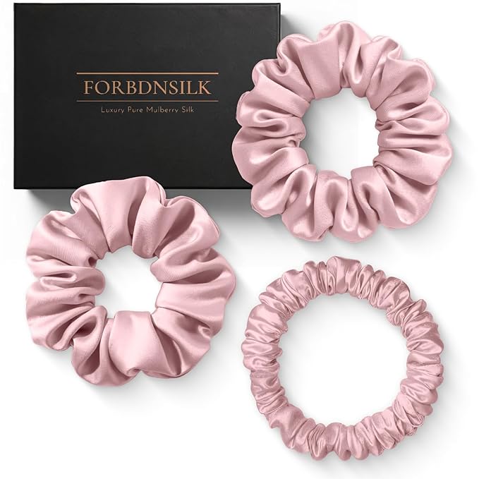 100% Pure 22 Momme Mulberry Silk Scrunchies (Set of 3) | Highest grade (6A) Luxury Hair Ties| (Black,White,Pink) | (Pink, Standard/Small/Skinny)