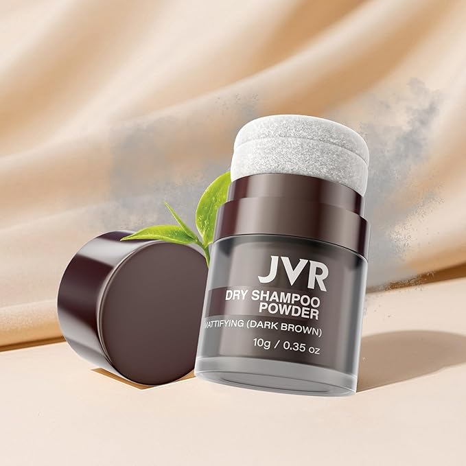 JVR Dry Shampoo Powder Absorbs Oil in Hair, Volumizing, Dry Shampoo for Women & Men, Freshens Hair, Mattifying Root Boost with Tea Extract, Non-Aerosol for Oily Hair Travel Size 0.35 oz (Dark Brown)