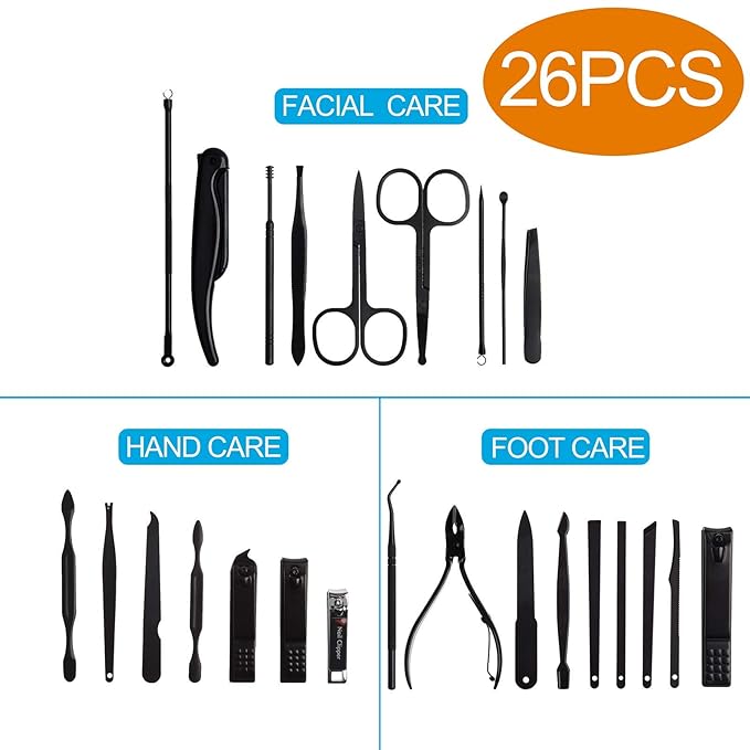 26 PCS Nail Clippers, ONEHERE Premium Manicure Set, Professional Grooming Gift Kit, Pedicure Kit, Facial, Hand, Foot, Cuticle Nail Care Tools, Fingernail Clippers with Luxurious Portable Travel Case
