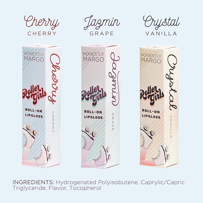 Honestly Margo Roller Girl Roll-On Lip Gloss Set (Cherry Cherry, Vanilla Crystal, and Grape Jazmin - Pack of 3) – Lip Gloss for Women with Hydrating Vitamin E & Moisturizing Shine, Non Stick