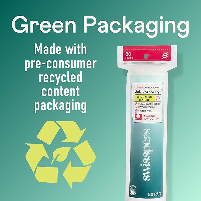 Swisspers Premium Exfoliating Cotton Rounds – 80 Count (Pack of 3) – 100% Pure Cotton, Dual-Sided Surface Pads for Gentle Exfoliation, Optimal Cleansing and Makeup Removal