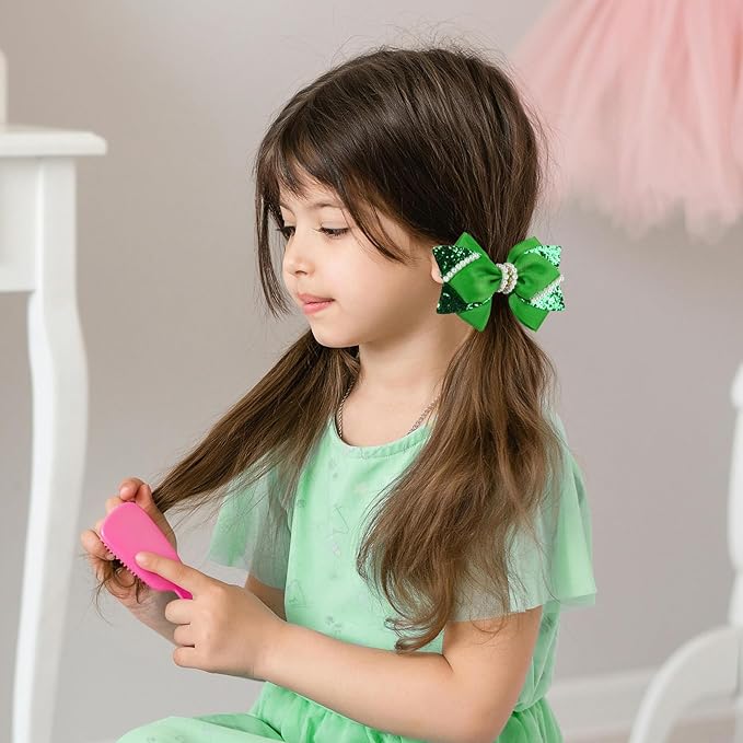 4" Sparkly Glitter Sequin Ribbon Hair Bow Clips,Pearl Wedding Boutique Alligator Barrettes Pins for Teens Toddler,Cheerleader Girls Kids Birthday Party Dress Decor Accessory (Green)