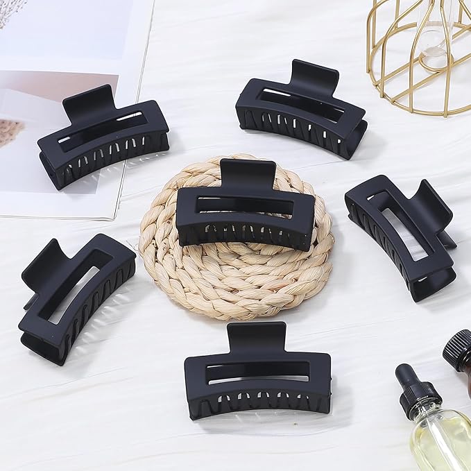 Square Hair Clips 3.5 Inch Medium Claw Clips Rectangle Hair Claw Clips 6 Pack Rubber Paint Jaw Non-Slip Thick Hair Accessories for Women Girls -Black
