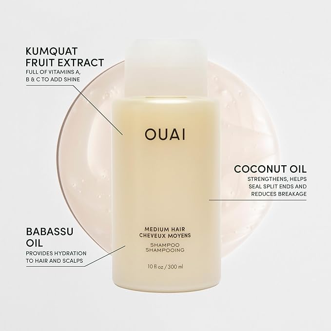 OUAI Medium Shampoo + Refill - Hydrating Shampoo with Coconut Oil, Babassu, Kumquat Extract and Keratin - Strengthens, Nourishes and Adds Shine - Sulfate Free Hair Care Products (2 Count, 10 Oz/32 Oz)