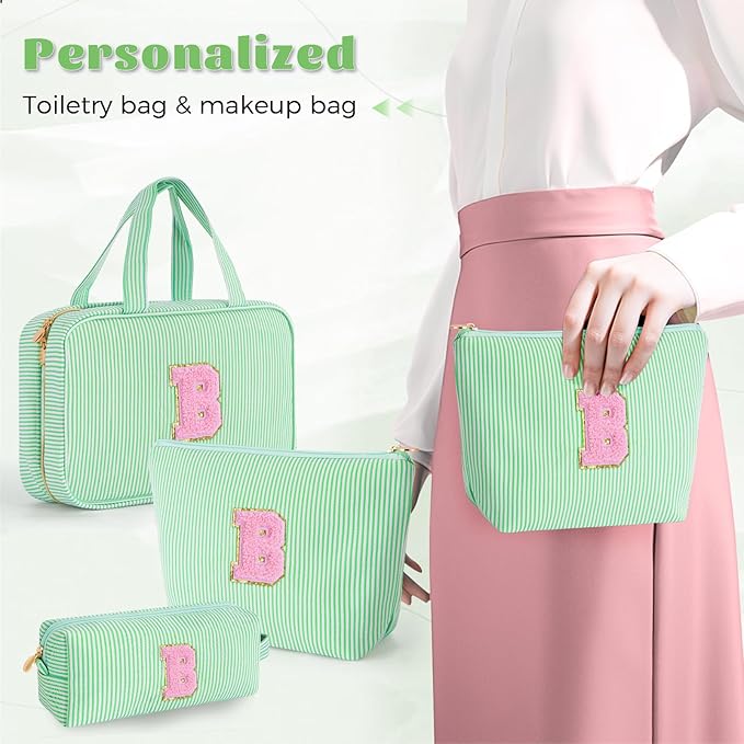 3 Travel Toiletry Makeup Bags for Women - Cute Makeup Bag Organizer Make Up Bag Travel Essentials Personalized Gifts Friend Gifts for Teenager Bridesmaids - Green B