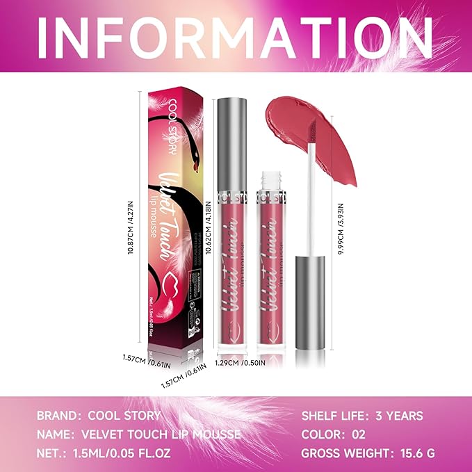 COOL STORY Velvet Lip Stain Mousse, Lip Tint Long-Lasting Waterproof Matte Finish (02)