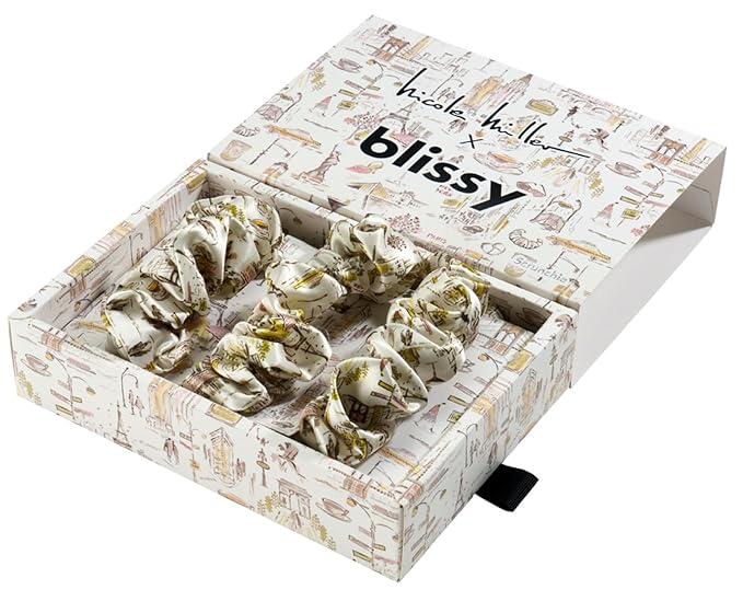 Blissy Silk Scrunchies (3 Pack) - 100% Pure Mulberry Silk - 22 Momme 6A High-Grade Fibers Scrunchie for Straight & Curly Hair (Nicole Miller NY to Paris, Regular)