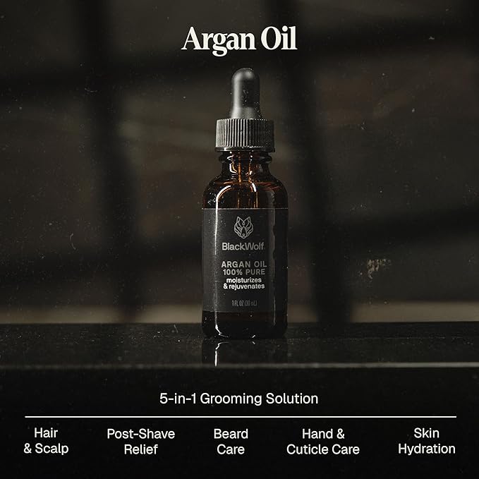 Black Wolf 100% Pure Argan Oil - Moisturizing & Rejuvenating Cold-Pressed Argan Oil for Hair, Face & Skin - Hydrating, Non-Greasy & Lightweight - Suitable for All Hair Types - 1 Fl Oz