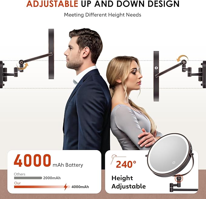 9" Wall Mounted Lighted Makeup Mirror,4000mAh Rechargeable Double Sided 1X/10X Magnifying Mirror with Light,3 Color Lights,Touch Dimmable,Extended Arm 360 Rotation Wall Mounted Makeup Mirror (Bronze)