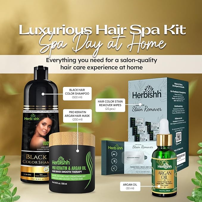 Herbishh Hair Color Shampoo for Gray Hair – Natural Hair Dye Shampoo – Lasts Up To 3-4 Weeks – 500ML – 3-In-1 Hair Color – Colors, Cleanses, and Conditions (Black GiftSet)