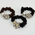 Silk Scrunchies Hair Ties 3Packs – Super Soft Thin Hair Scrunchies, Gentle on Hair, Faux Pearl & Crystal Decorated Hair Accessories for Women