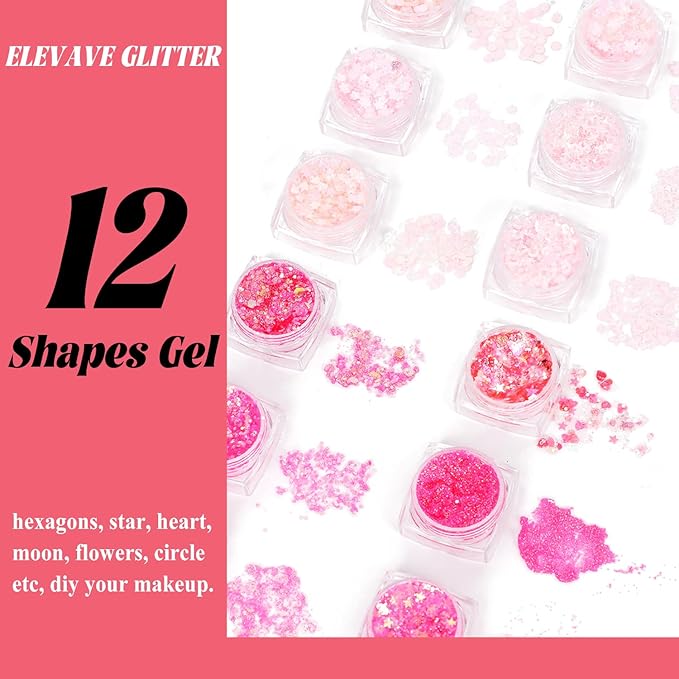 Body Glitter Face Glitter, Hair Glitter for Kids, 12 Shapes Fine Chunky Glitter Gel for Women Girls Makeup Sparkles Party Mermaid Sequins Rave Accessories Singer Concerts Festival (Pink Scheme)